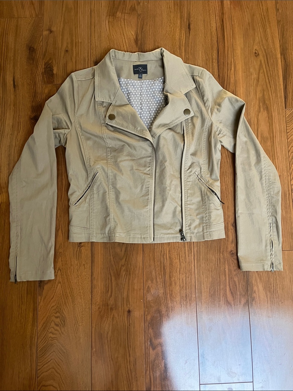 Beige Moto Jacket with Polka Dot Lining
